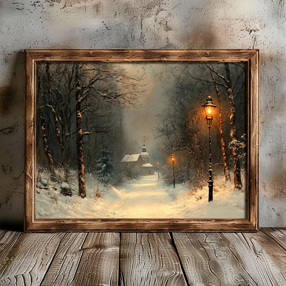 Snowy Lamplit Forest Path to Chapel Winter Night Painting Poster - Image 6