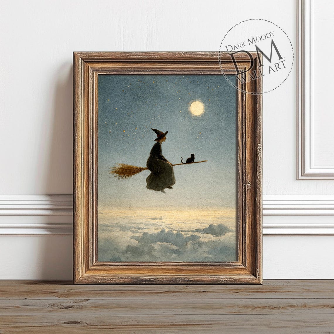 Witch Broomstick Black Cat Moonlit Night Vintage Halloween Poster