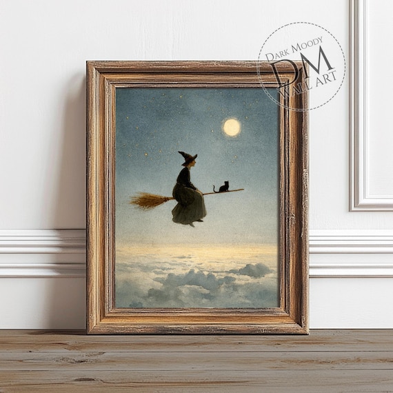 Witch And Black Cat Wall Art Gothic Halloween Night Sky