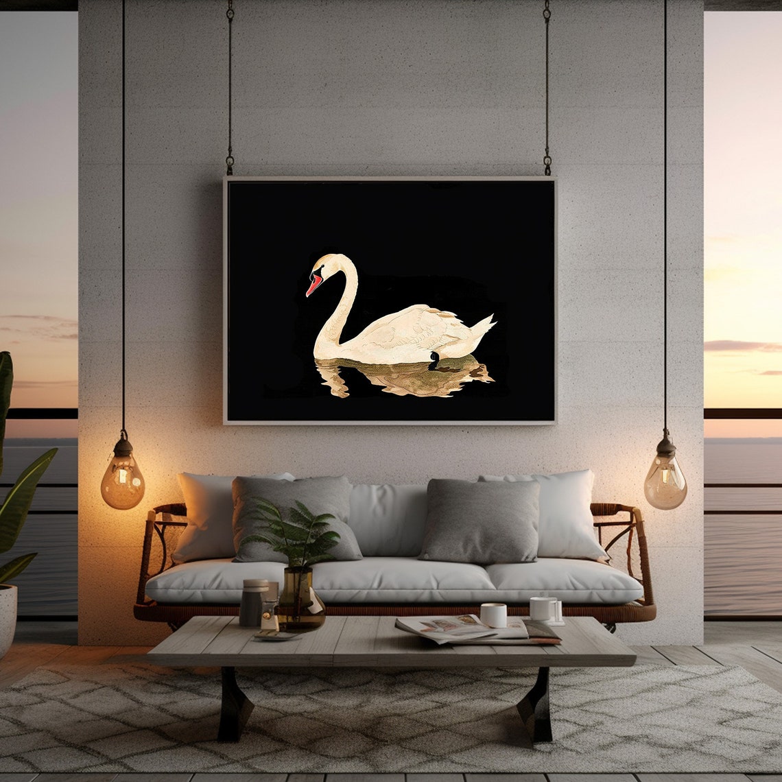 White Swan Minimalist Painting Black Background Elegant Bird Wall Art - Image 4