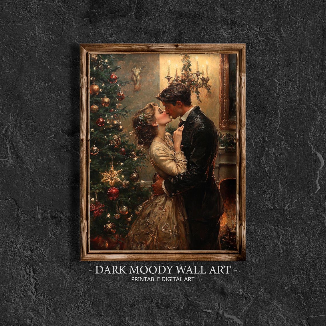 Victorian Couple Kissing By Christmas Tree Fireplace Romance Wall Art
