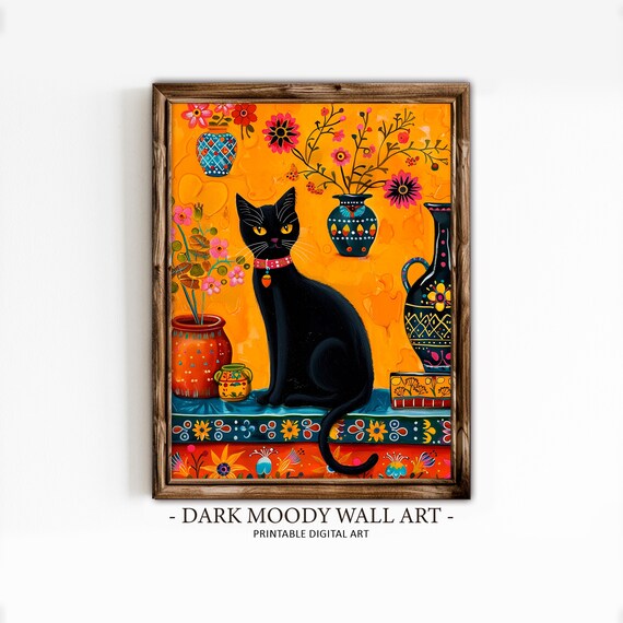 Black Cat Folk Art Painting Pottery Flowers Orange Mexican Art Poster