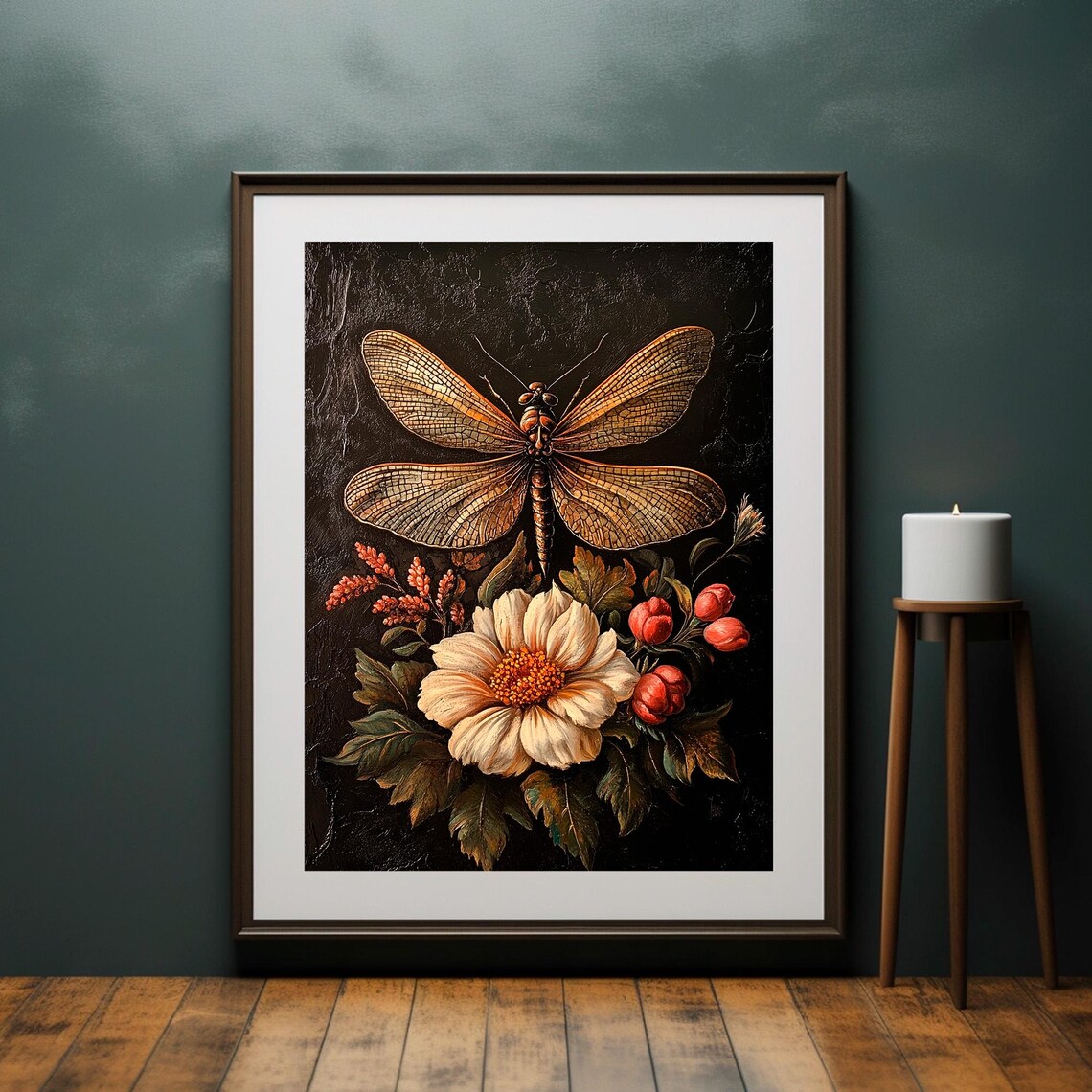 Golden Dragonfly Cream Dahlia Dark Botanical Vintage Floral Still Life Poster - Image 4