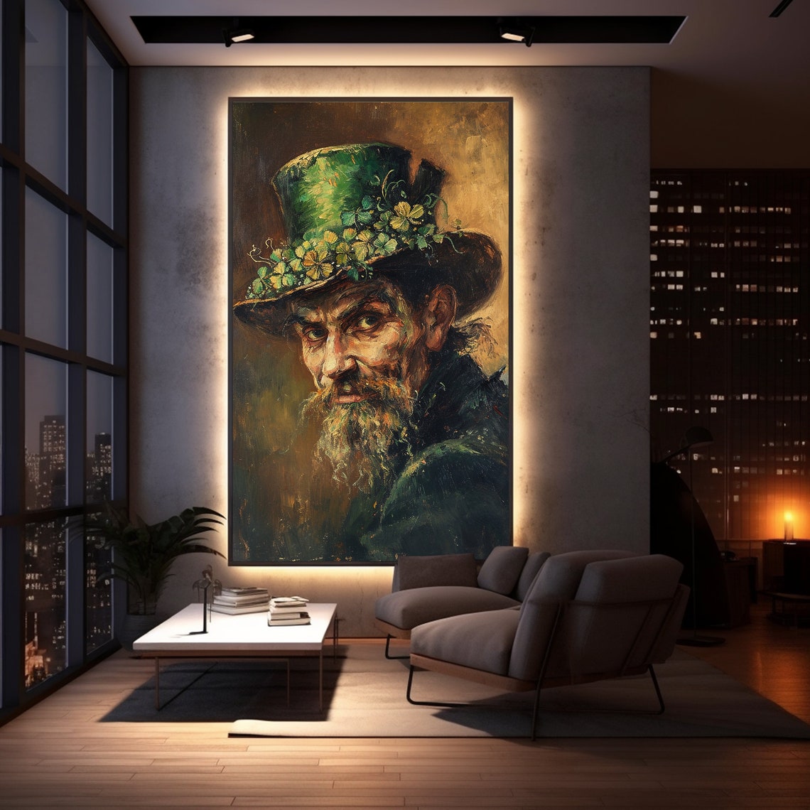 Old Irish Man Green Hat Shamrock Portrait Oil Painting Poster - Image 3