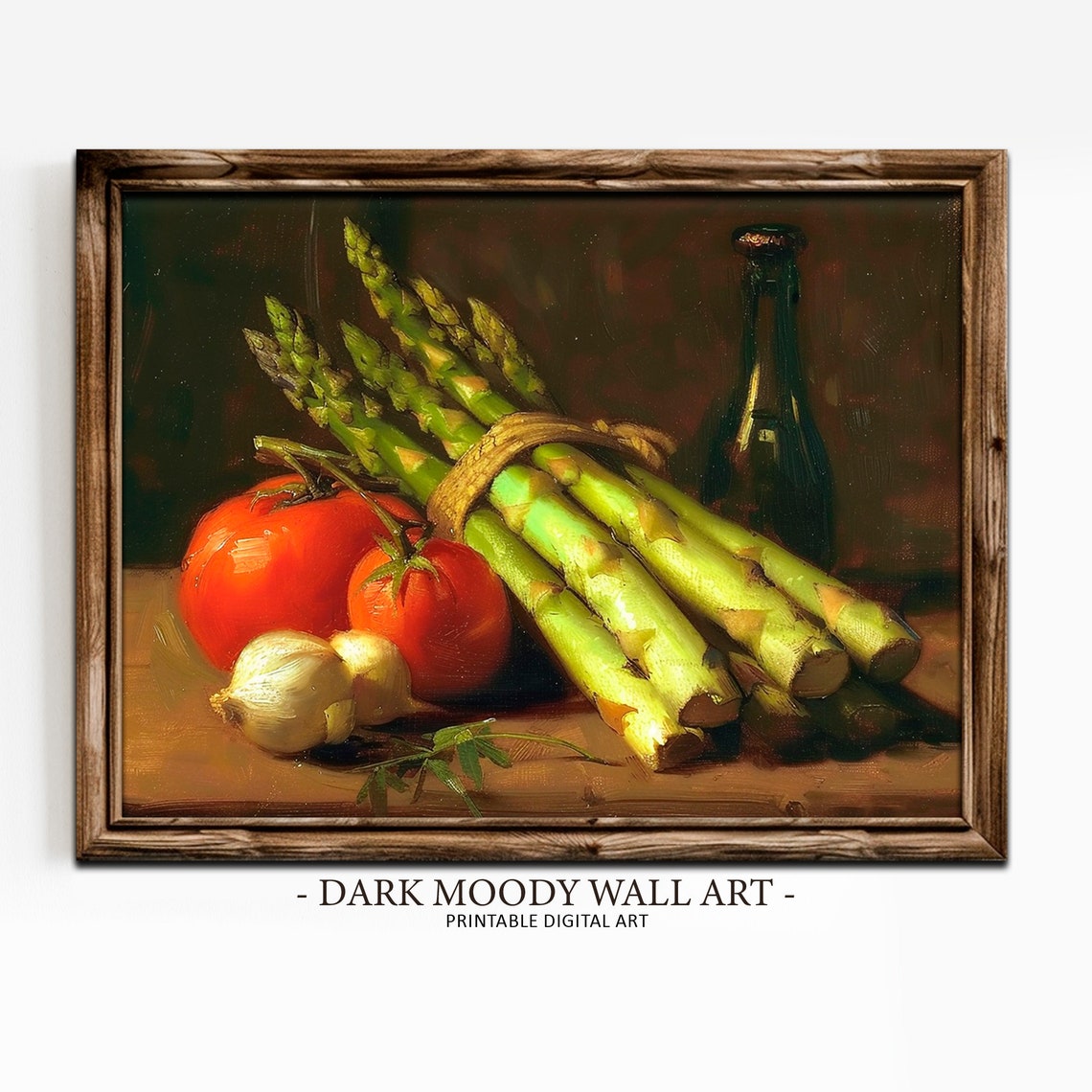 Asparagus Tomato Print Moody Kitchen Wall Decor Dark Still Life Painting Rustic Farmhouse Vegetable Wall Art