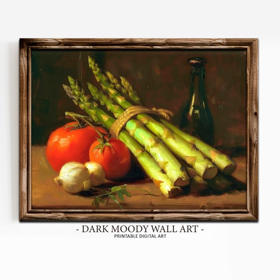 Asparagus Tomato Print Moody Kitchen Wall Decor Dark Still Life Painting Rustic Farmhouse Vegetable Wall Art