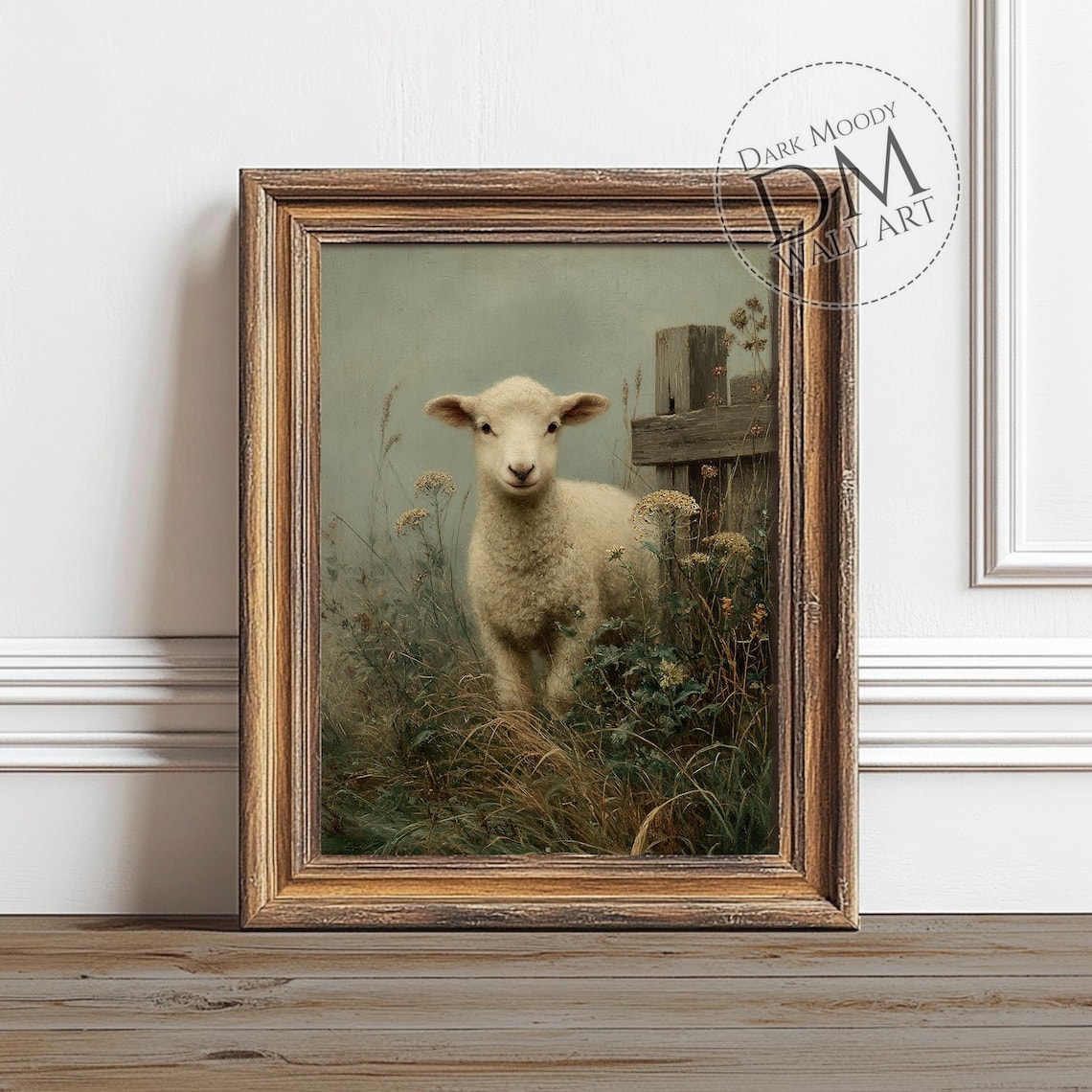 Sweet White Lamb in a Misty Meadow Moody Vintage Painting Poster