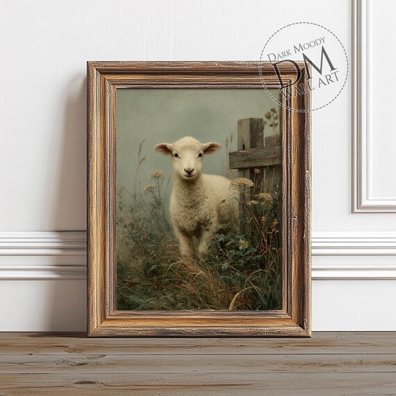 Sweet White Lamb in a Misty Meadow Moody Vintage Painting Poster