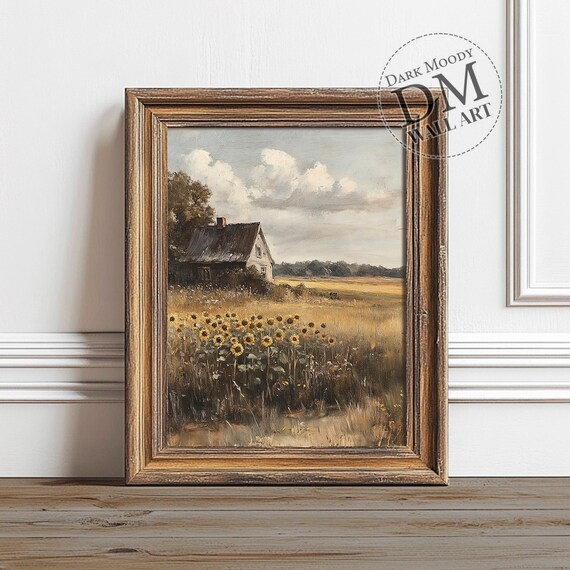 Sunflower Field Farmhouse Poster Golden Countryside Cottage Painting