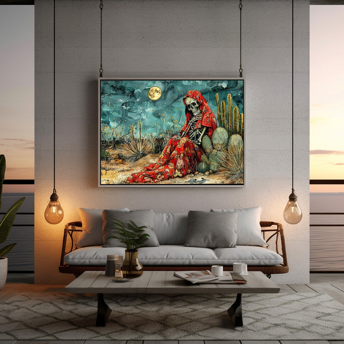 Dia De Los Muertos Skeleton Desert Cacti Moonlight Painting Poster - Image 4