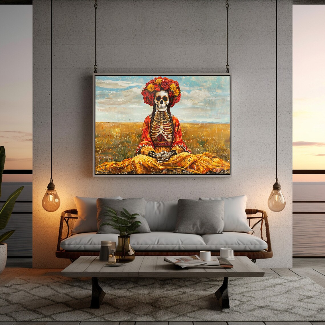 Catrina Skeleton Flower Crown Golden Field Day of Dead Poster - Image 5
