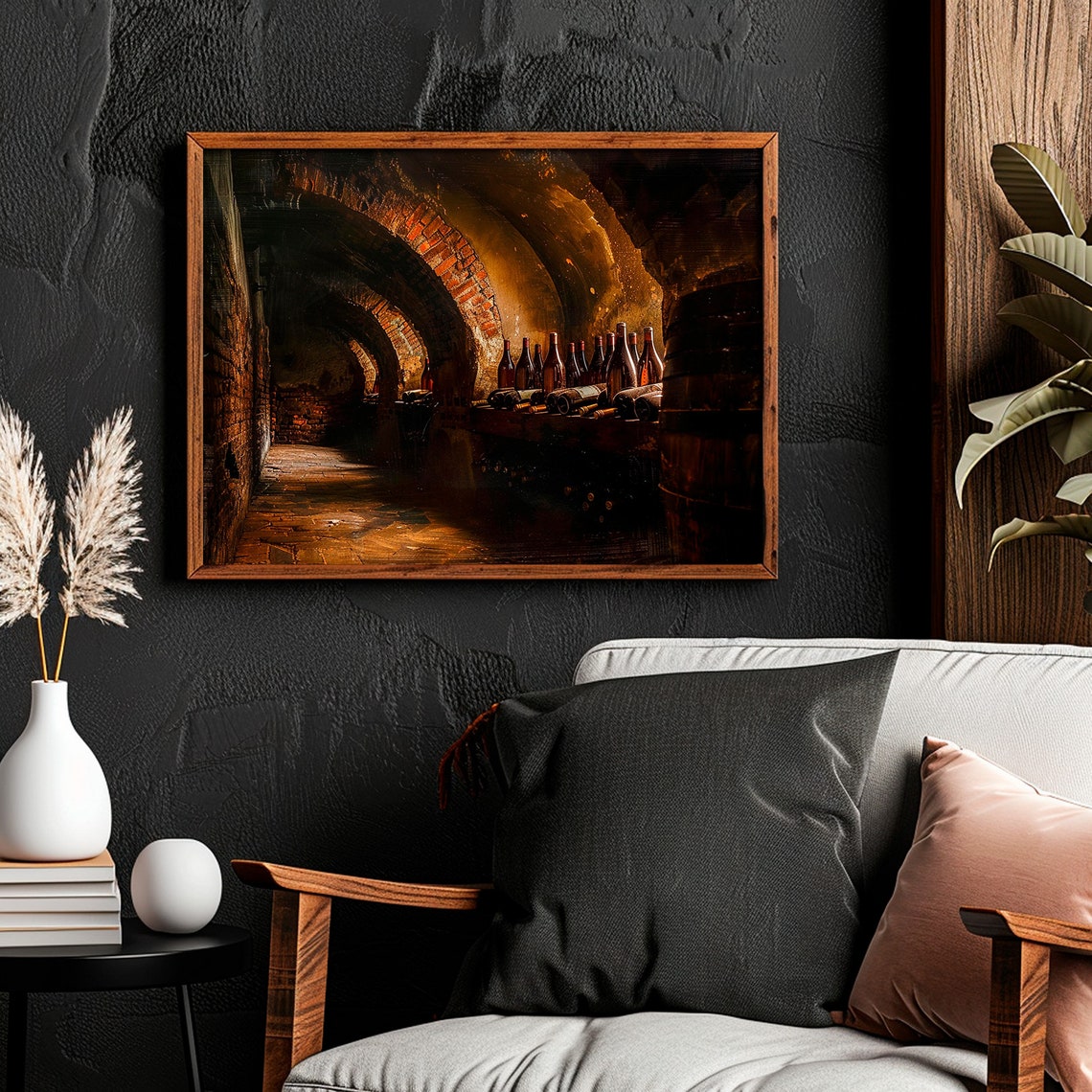 Wine Cellar Brick Arches Bottles Dark Moody Painting Vintage Poster - Image 5