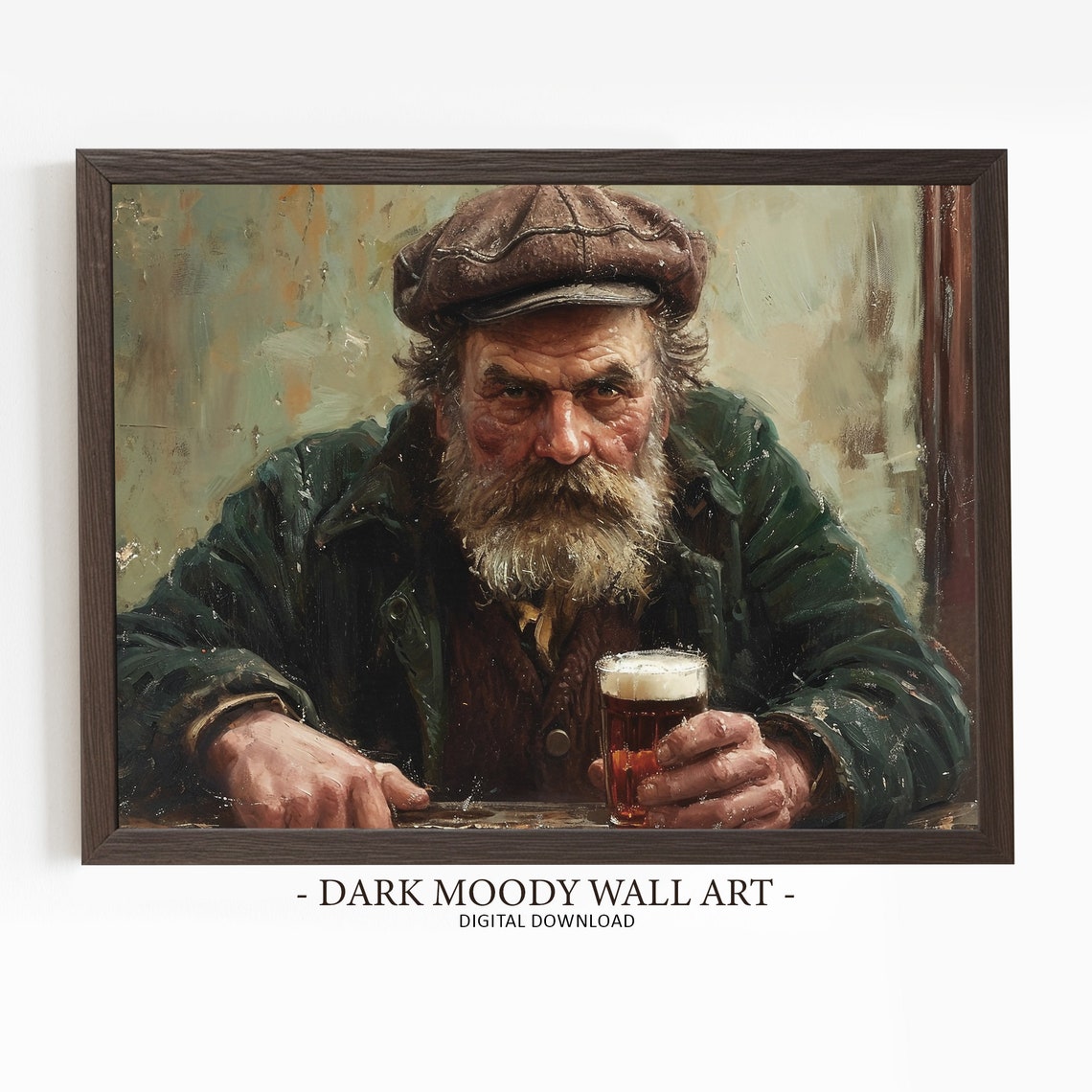 Old Man Portrait With Beer Glass Rustic Dark Moody Painting Poster