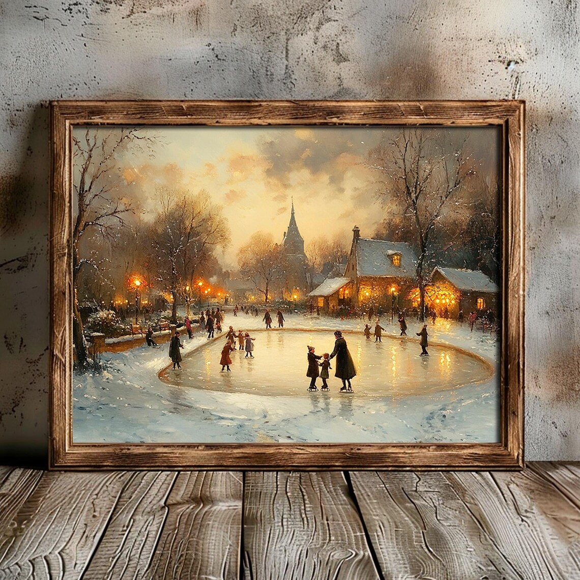 Dusk Skating Pond Town Families Church Spire Vintage Painting Poster - Image 2