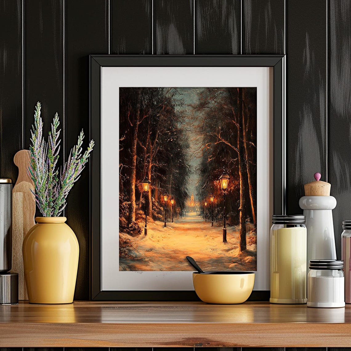 Snowy Lamplit Park Avenue Winter Night Vintage Painting Poster - Image 6