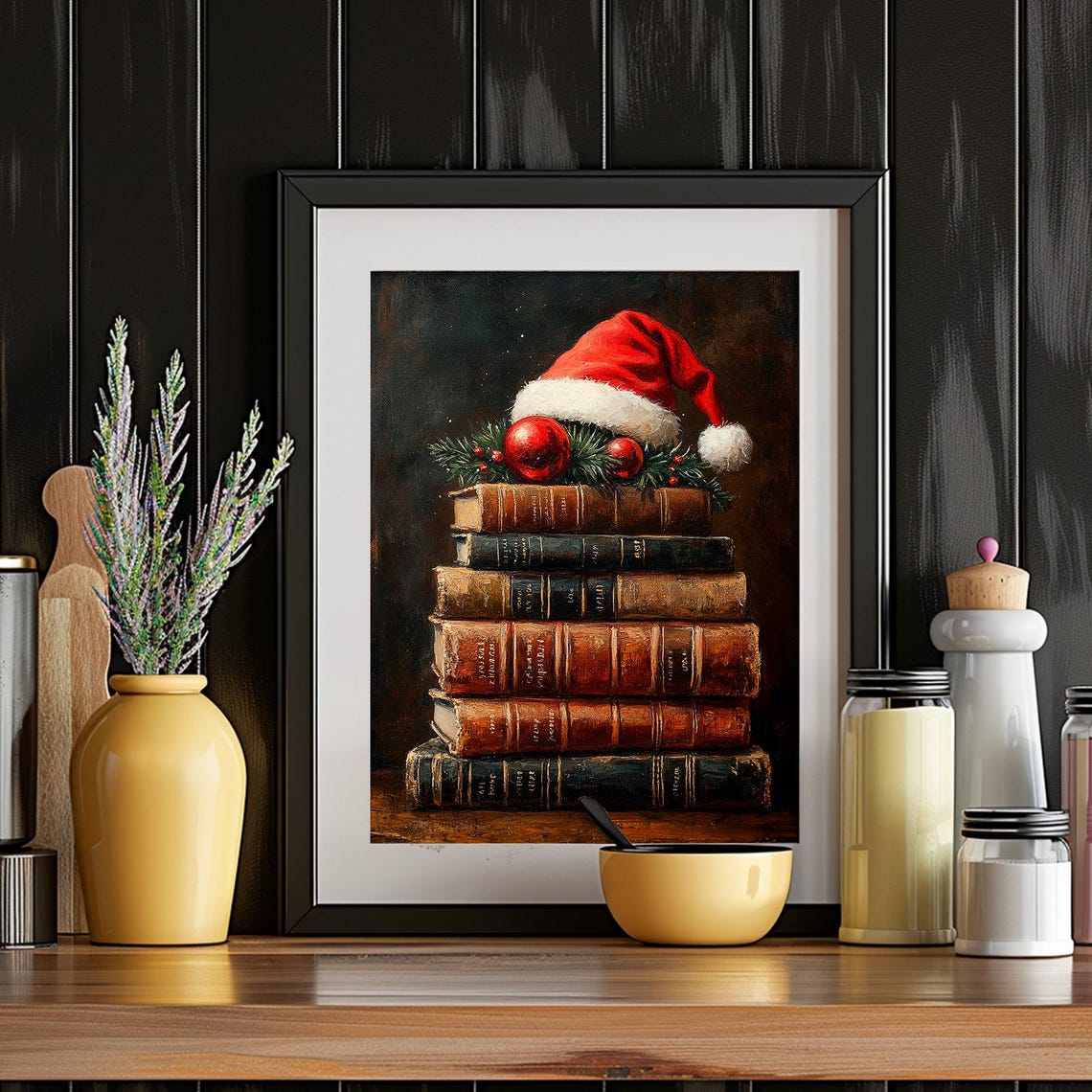 Vintage Books Stack Santa Hat Christmas Ornaments Still Life Poster - Image 4