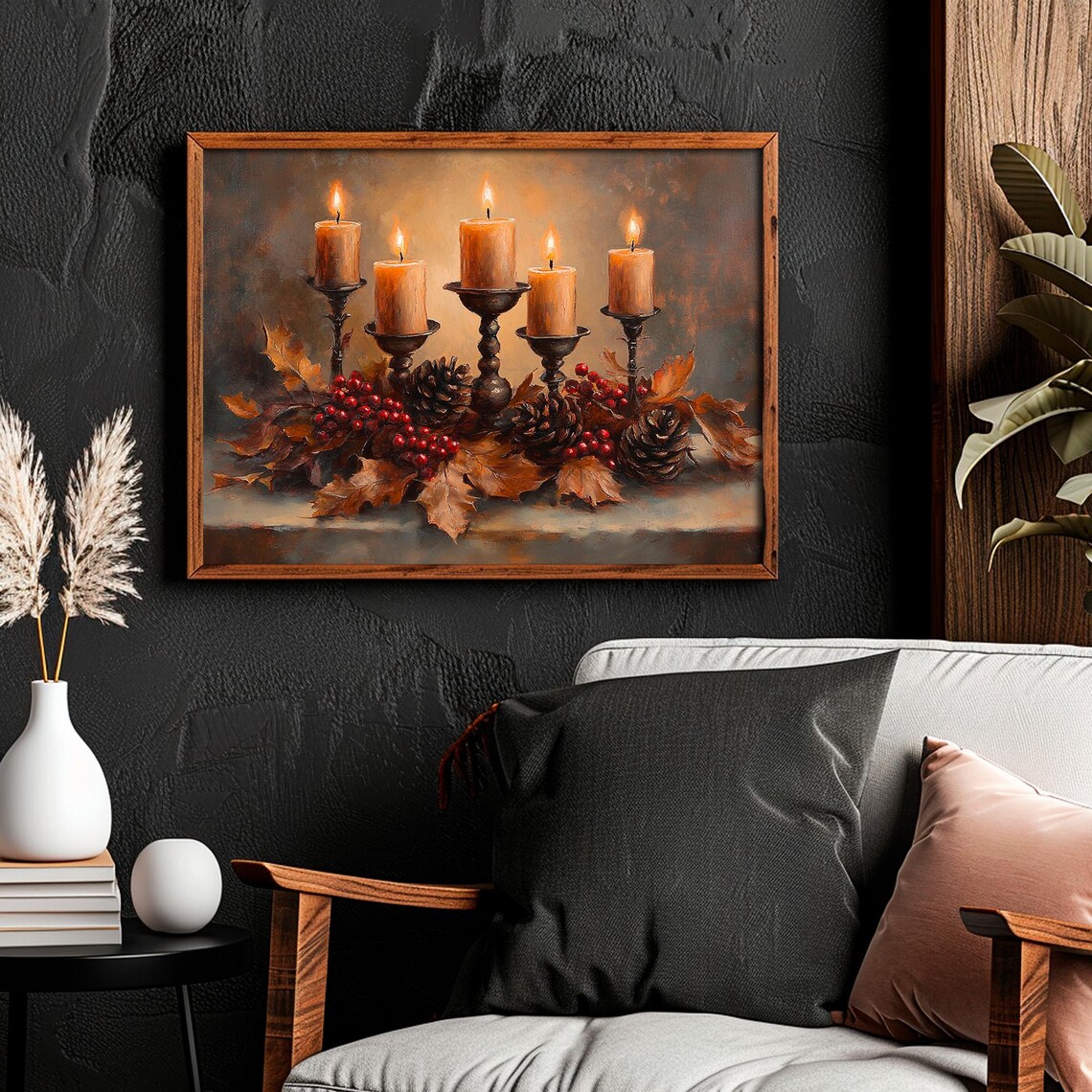 Five Lit Candles With Autumn Leaves Pinecones Berries Cozy Fall Painting Poster - Image 5