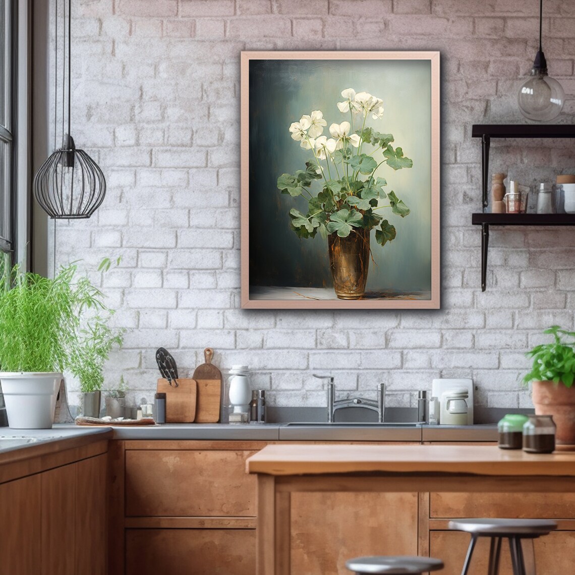 White Flowers Vase Dark Moody Botanical Still Life Painting Poster - Image 2