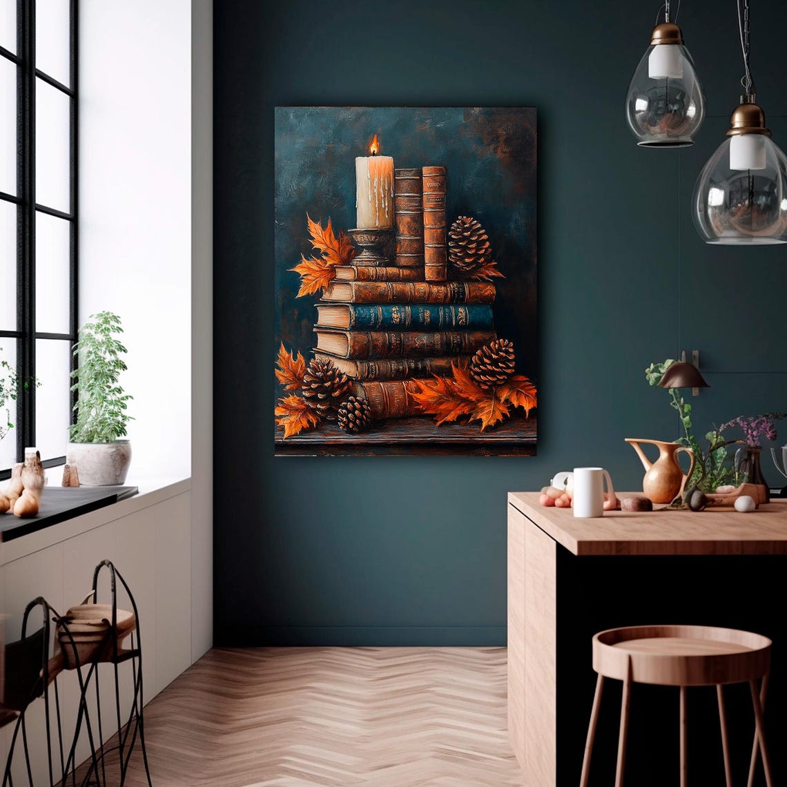 Rustic Fall Decor Wall Art Fall Book Stack Art Moody Wall Art Vintage Autumn Art Painting Dark Academia Thanksgiving Decor - Image 2