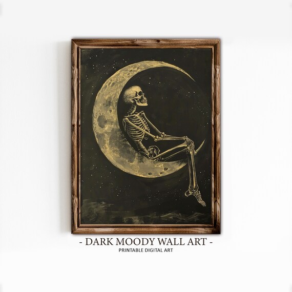 Skeleton Sitting Crescent Moon Gold Night Sky Halloween Art Poster