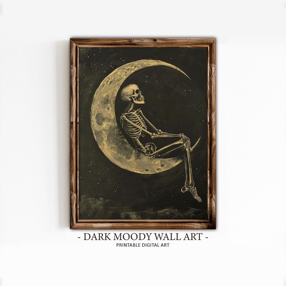 Skeleton Sitting Crescent Moon Gold Night Sky Halloween Art Poster