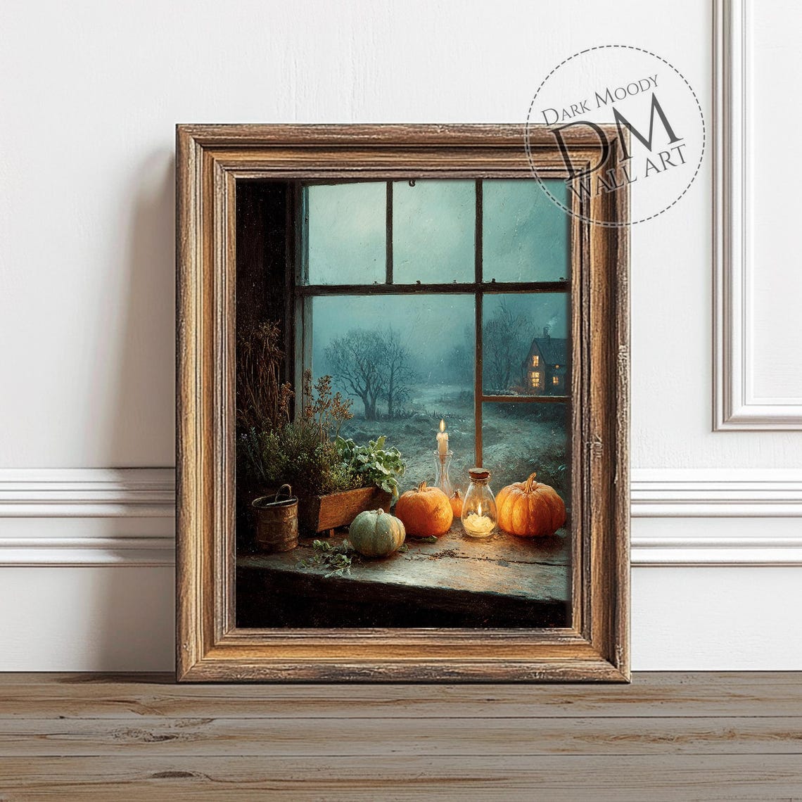 Pumpkins on Rustic Window Sill Candlelit Night Still Life Wall Art