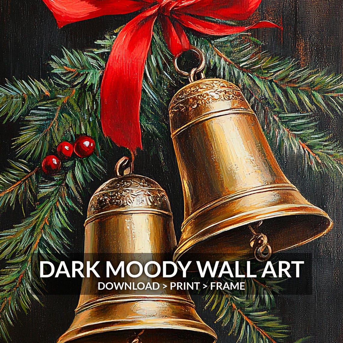 Gold Christmas Bells With Red Bow Pine Berries Dark Moody Wall Art - Image 6