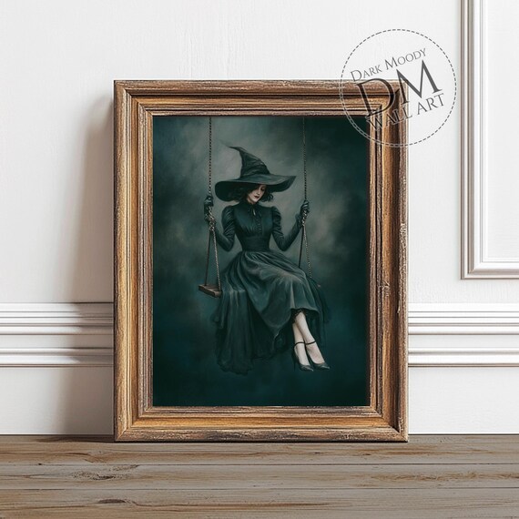 Witch On Swing Gothic Halloween Portrait Art Print