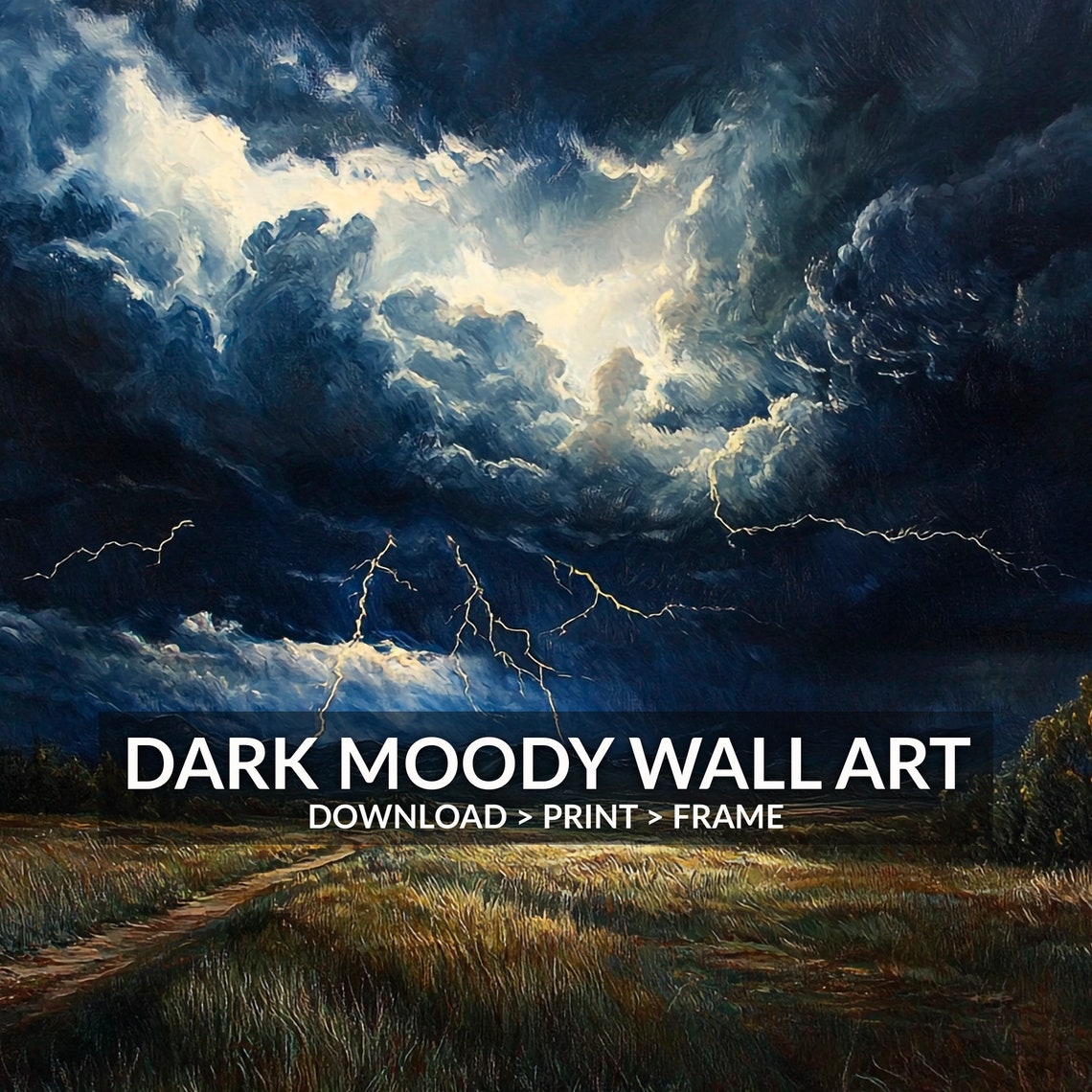 Thunderstorm Lightning Over Golden Field Dark Painting Poster - Image 6