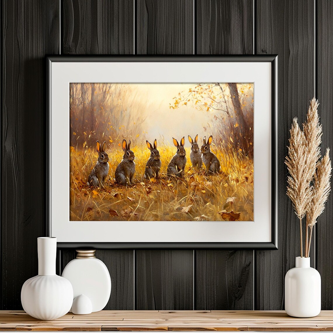 Six Rabbits Golden Meadow Autumn Morning Wildlife Painting Wall Art - Image 2