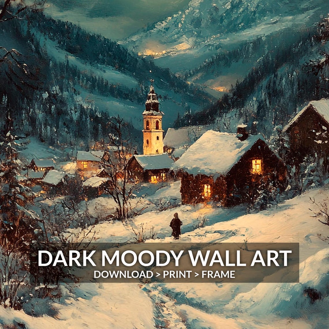 Moonlit Alpine Village With Church in Snowy Mountains Wall Art - Image 6