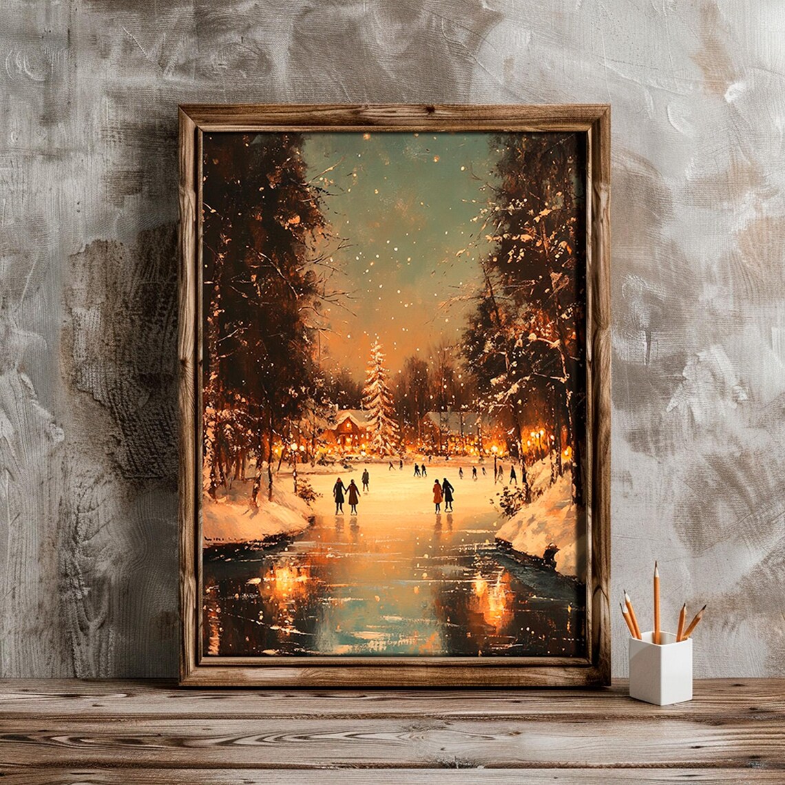 Night Frozen River Skaters Glowing Village Winter Painting Poster - Image 2