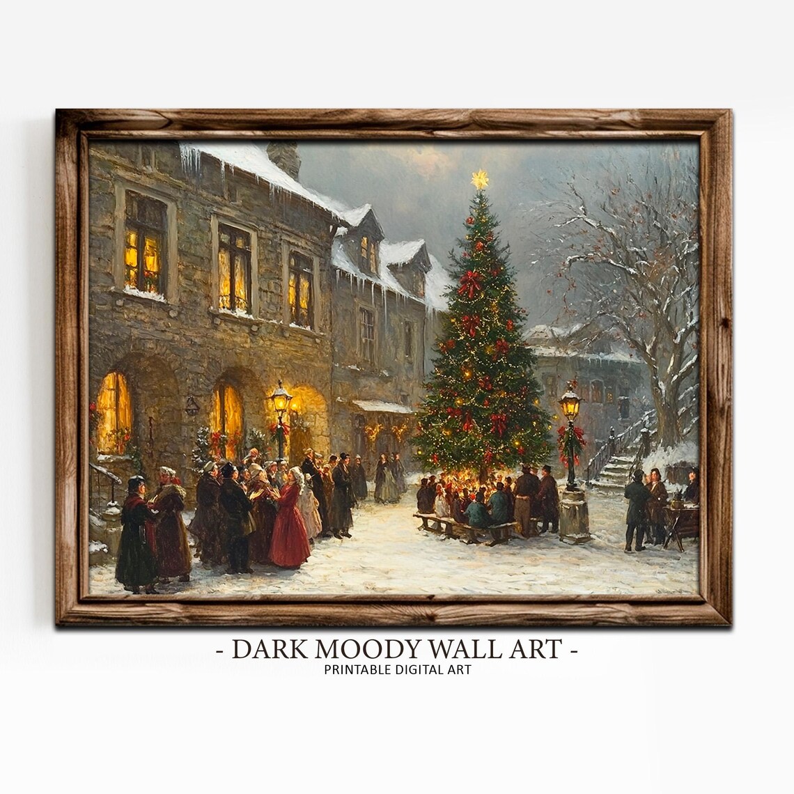 Vintage Christmas Village Wall Art Victorian City Town Street During Christmas Winter Snowy Painting Print