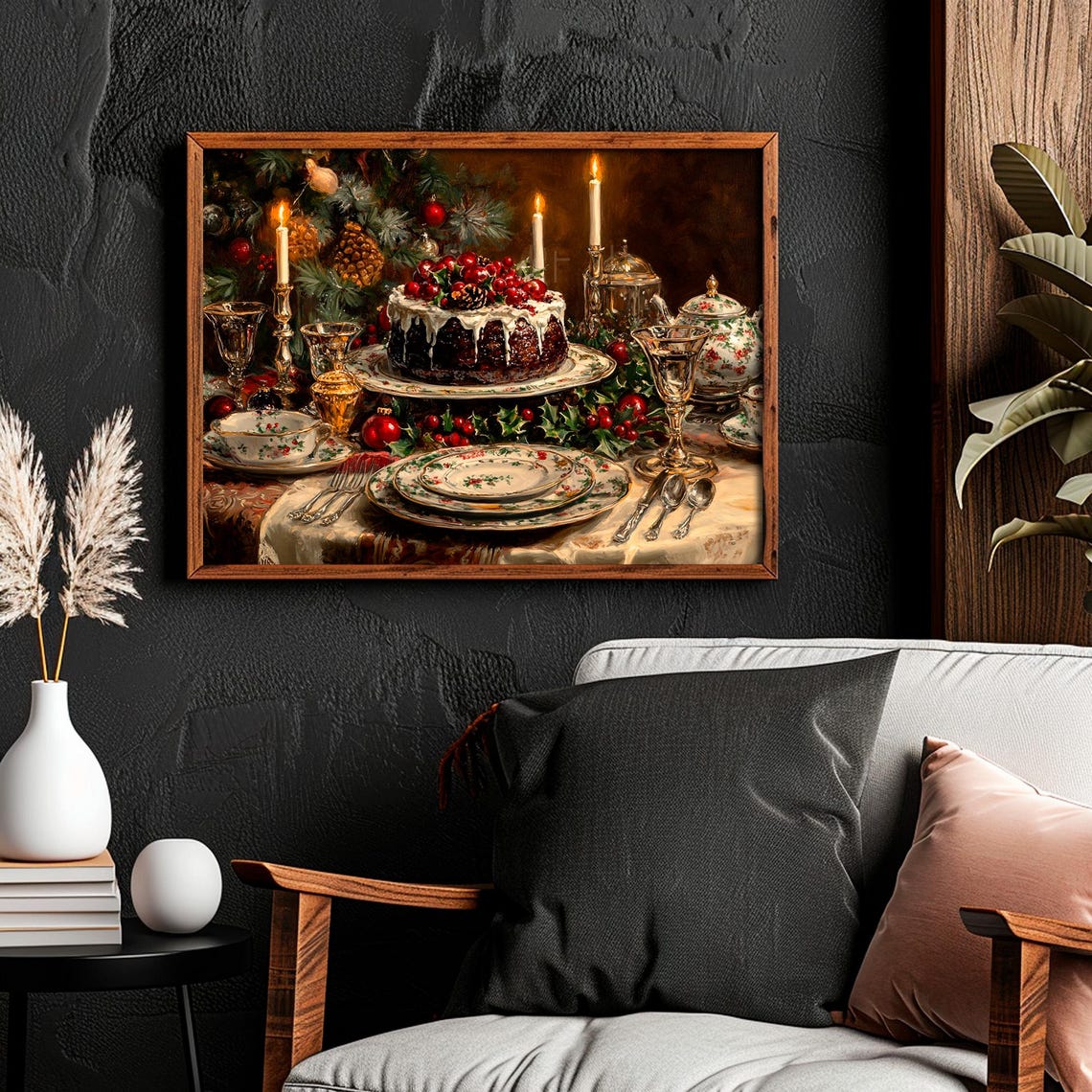 Victorian Christmas Pudding Feast on Candlelit Table Wall Art - Image 6