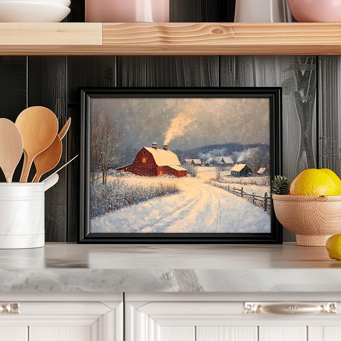 Winter Village Red Barn Art Print, Rustic Scene - Image 5