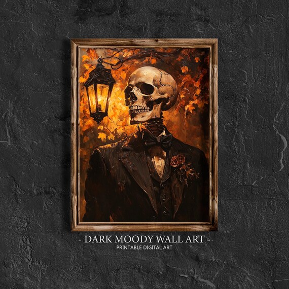 Dapper Skeleton Suit Portrait Autumn Lantern Halloween Wall Art