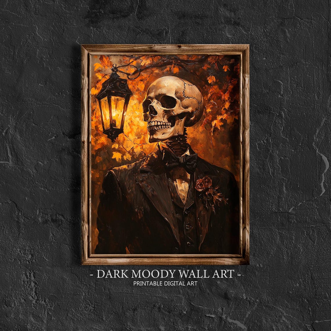Dapper Skeleton Suit Portrait Autumn Lantern Halloween Wall Art