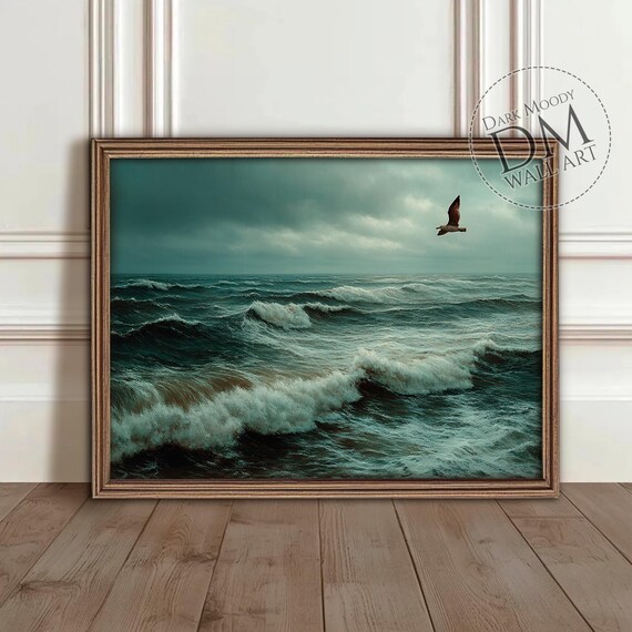 Stormy Ocean Waves With Lone Seagull Moody Seascape Art Poster
