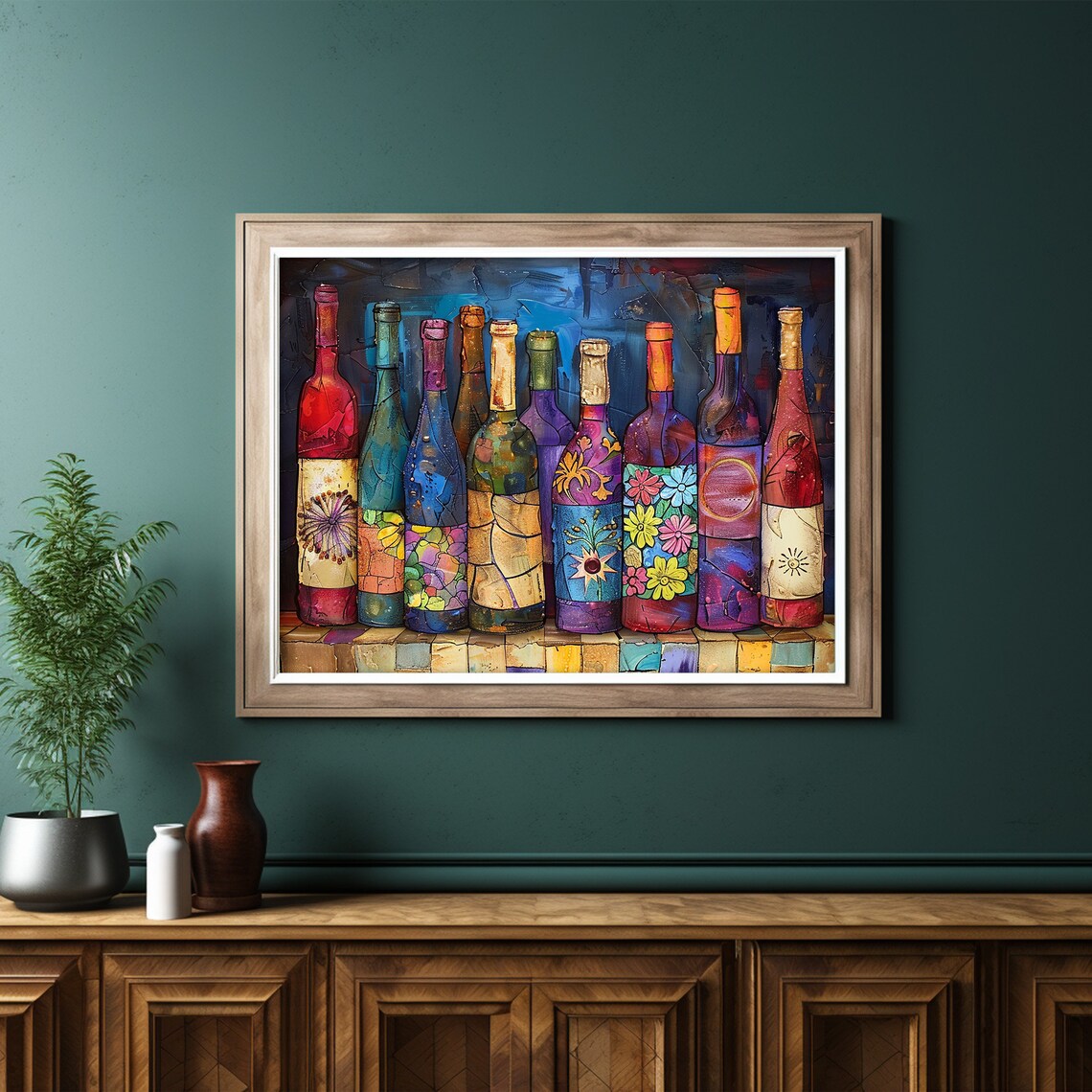Colorful Painted Wine Bottles With Floral Patterns Vibrant Bar Art Poster - Image 6
