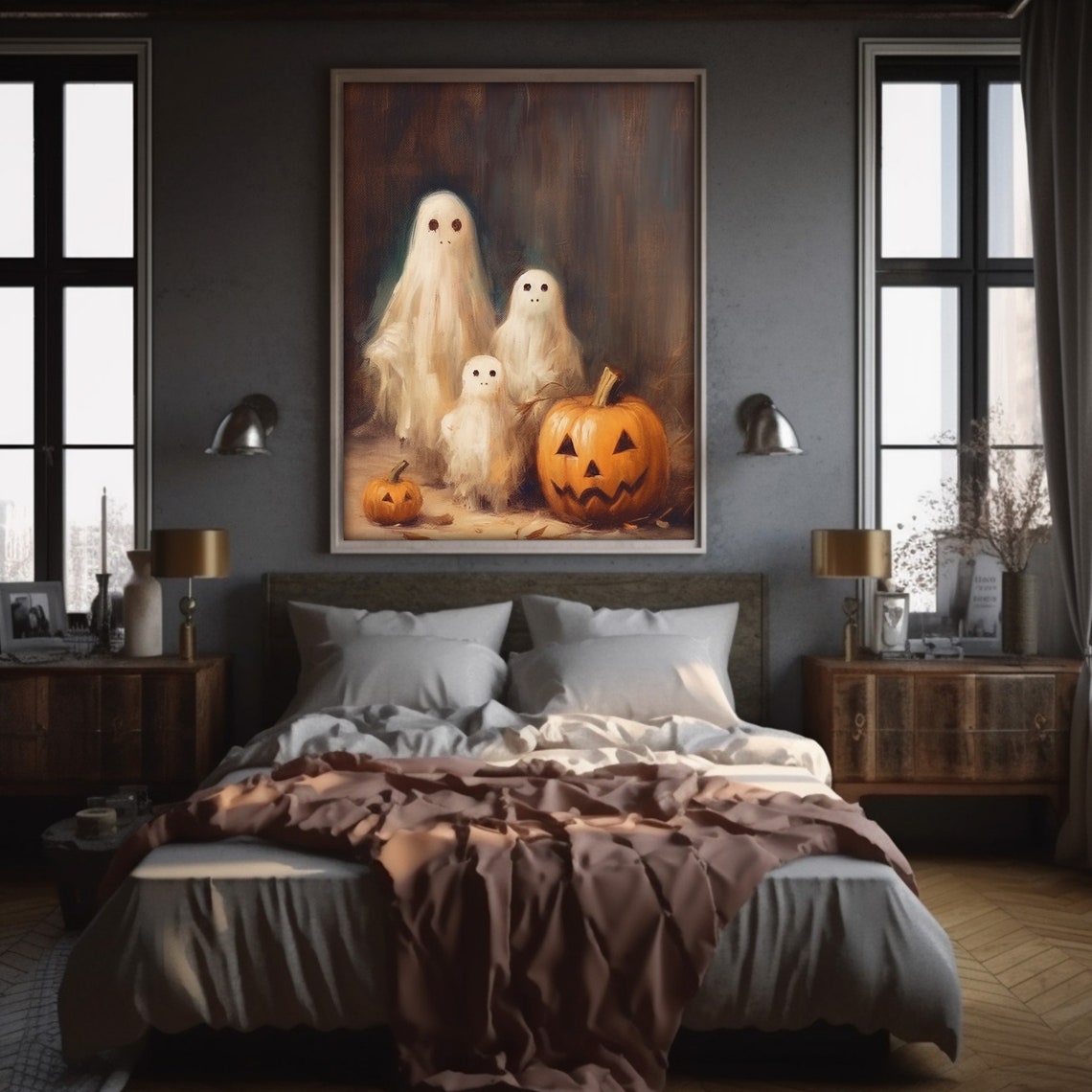 Three Cute Ghosts Pumpkins Halloween Night Moody Gothic Poster - Image 5