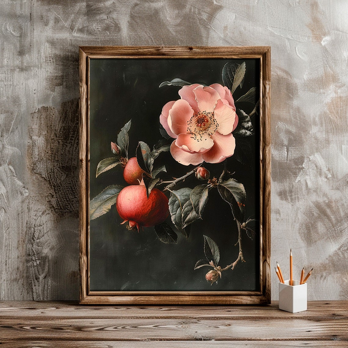 Pomegranate Blossom Branch Dark Moody Botanical Artwork Poster - Image 4