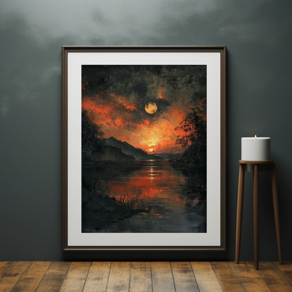 Sunset And Full Moon Painting Lake Landscape Print Dark Moody Art - Image 6