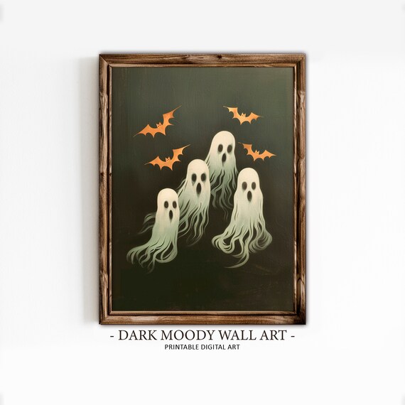 Four Ghosts Orange Bats Dark Green Halloween Painting Vintage Poster