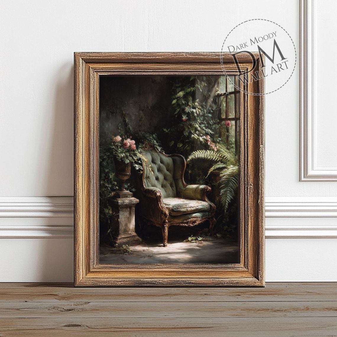 Green Velvet Armchair In Overgrown Conservatory Plants Painting Poster