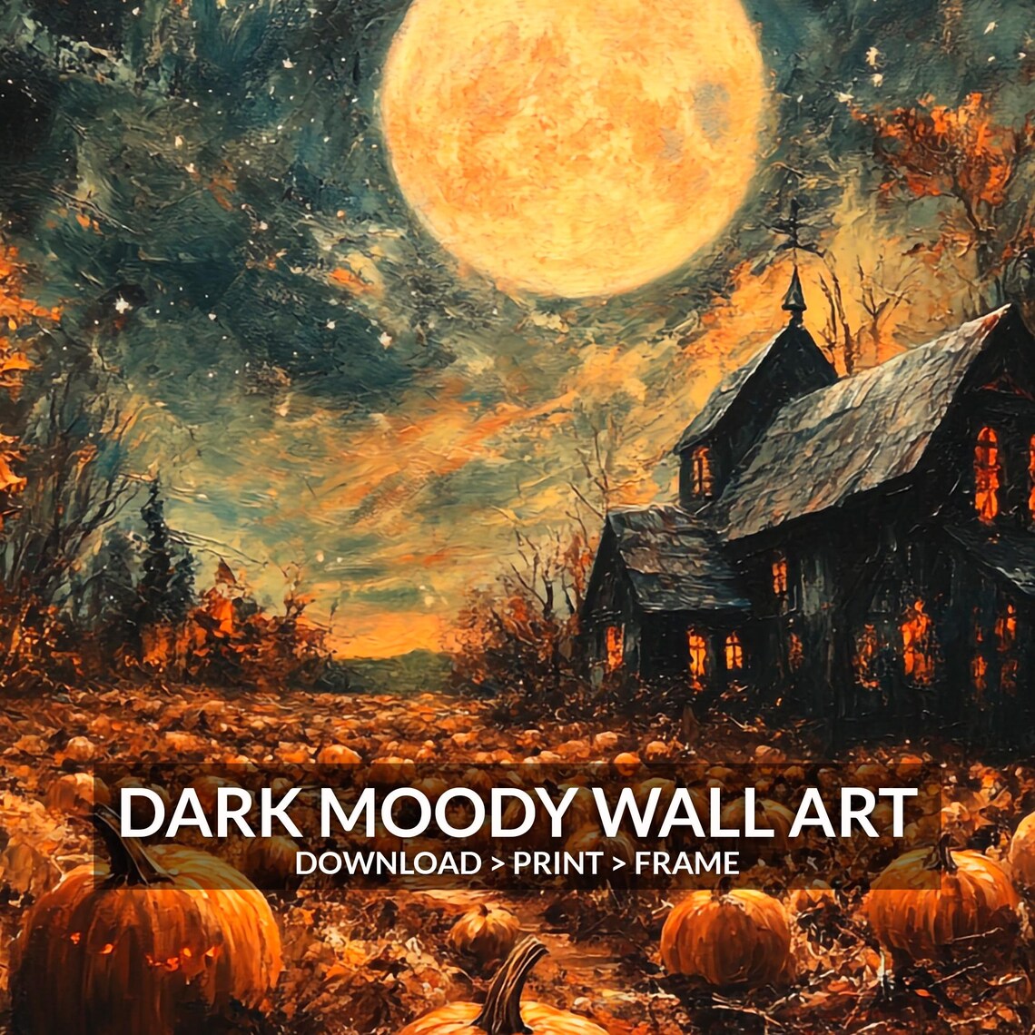 Haunted Pumpkin Patch Under Full Moon Spooky Night Scene Halloween Poster - Image 6