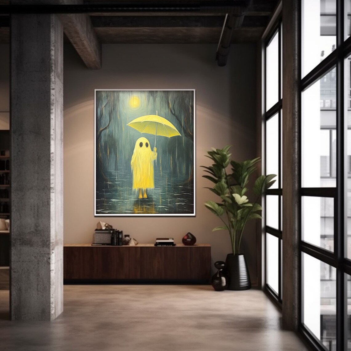 Cute Ghost With Yellow Umbrella in Rainy Forest Moonlight Halloween Painting Poster - Image 6