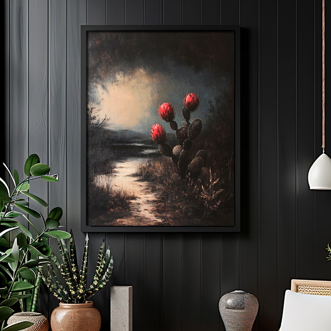 Flowering Prickly Pear Cactus Dusk Stream Landscape View Poster - Image 6