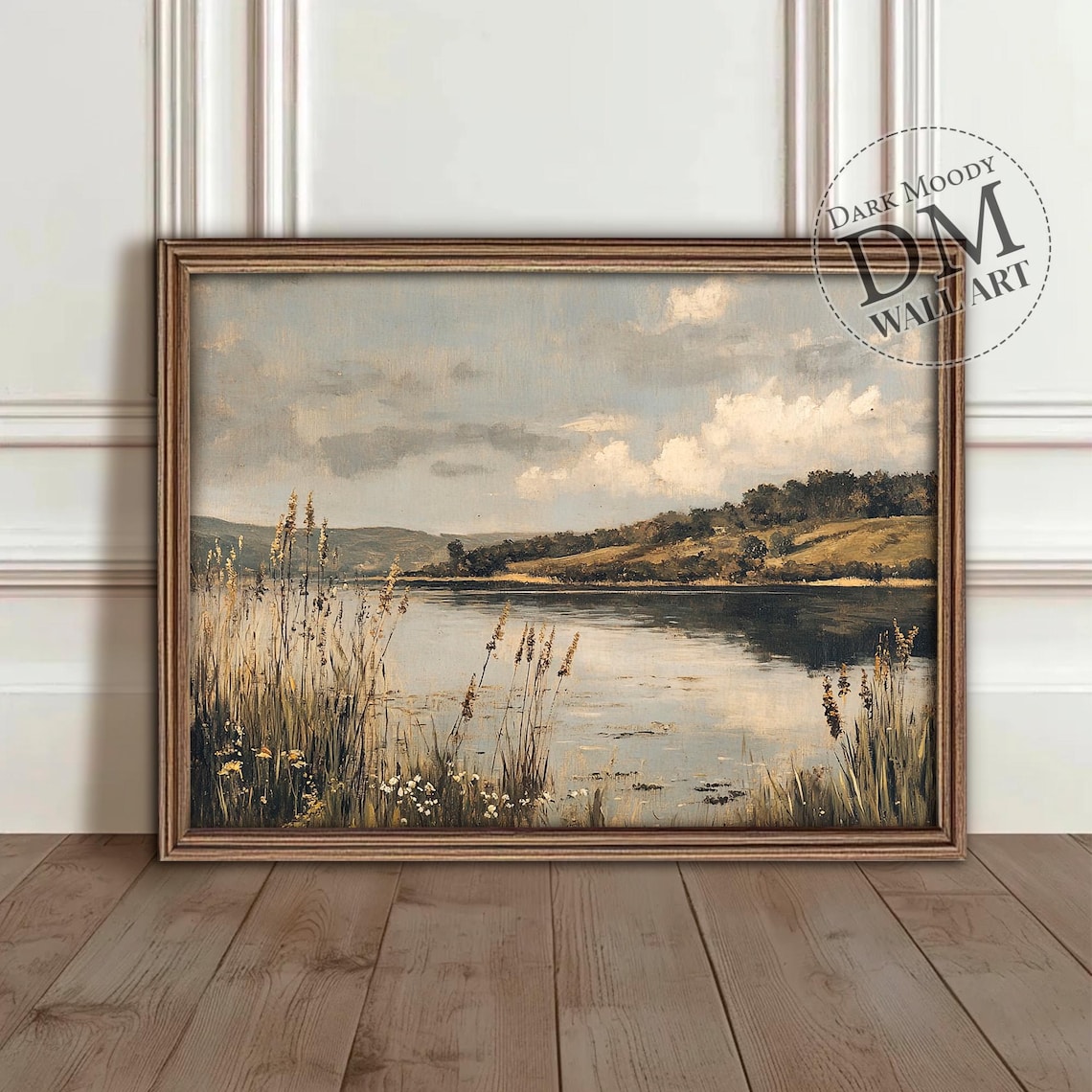 Misty Lake Reeds Moody Vintage Landscape Water Reflection Art Poster