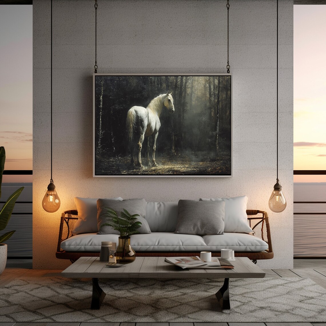 Antique White Horse Rustic Landscape Art Print - Image 2