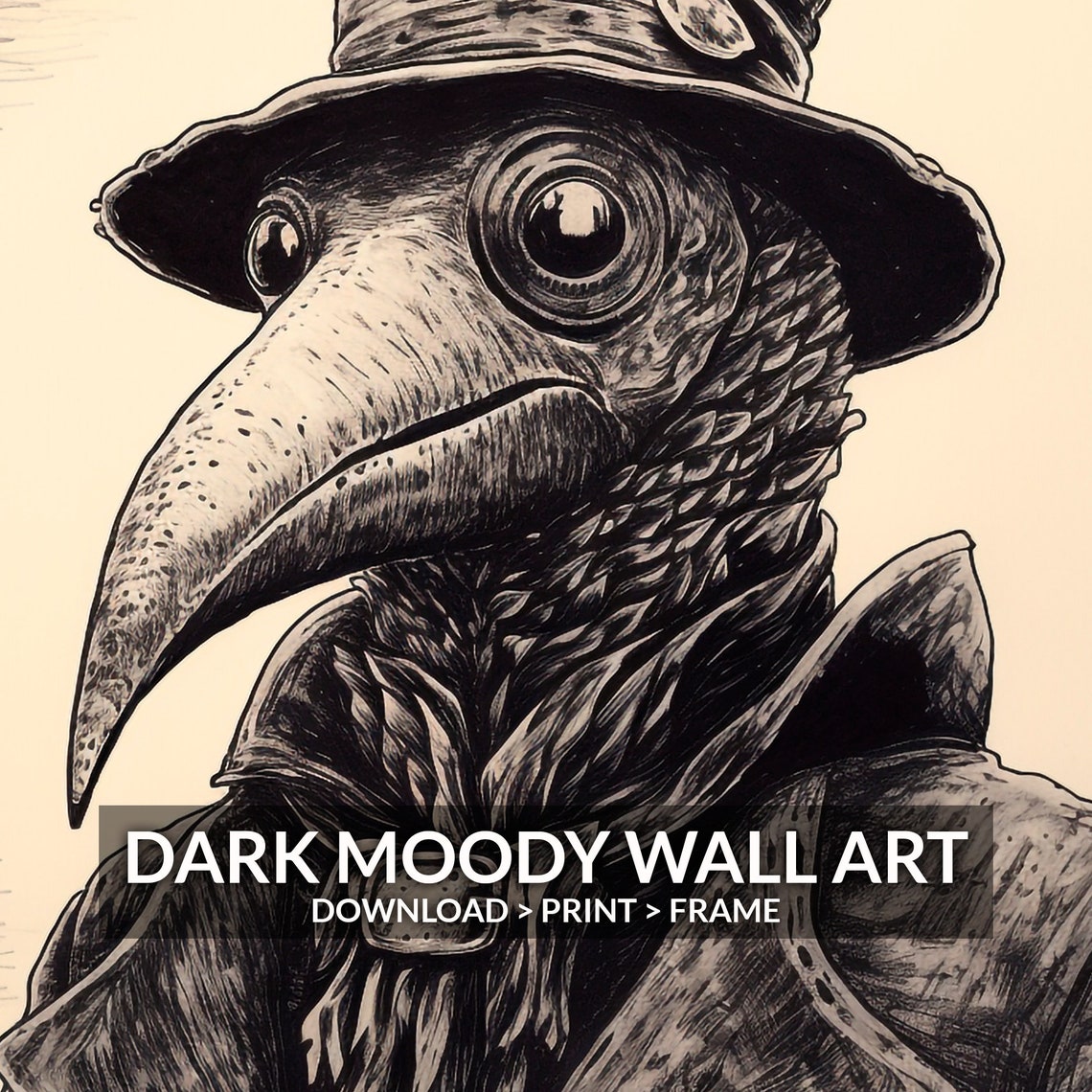 Plague Doctor Beaked Mask Top Hat Monochrome Ink Drawing Poster - Image 6